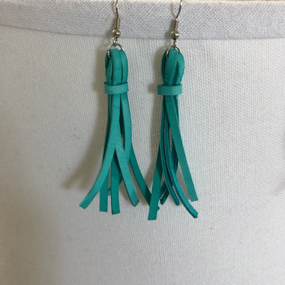 Teal Leather Tassel Earrings (New)